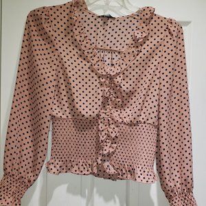Polkadot Ruffle Blouse Coral with dark blue dots